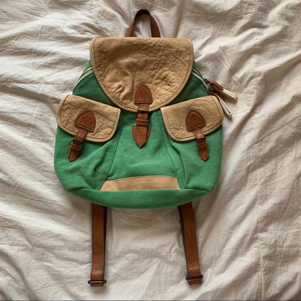 Green Cream Beige Leather Rucksack Backpack - Picture 2 of 4
